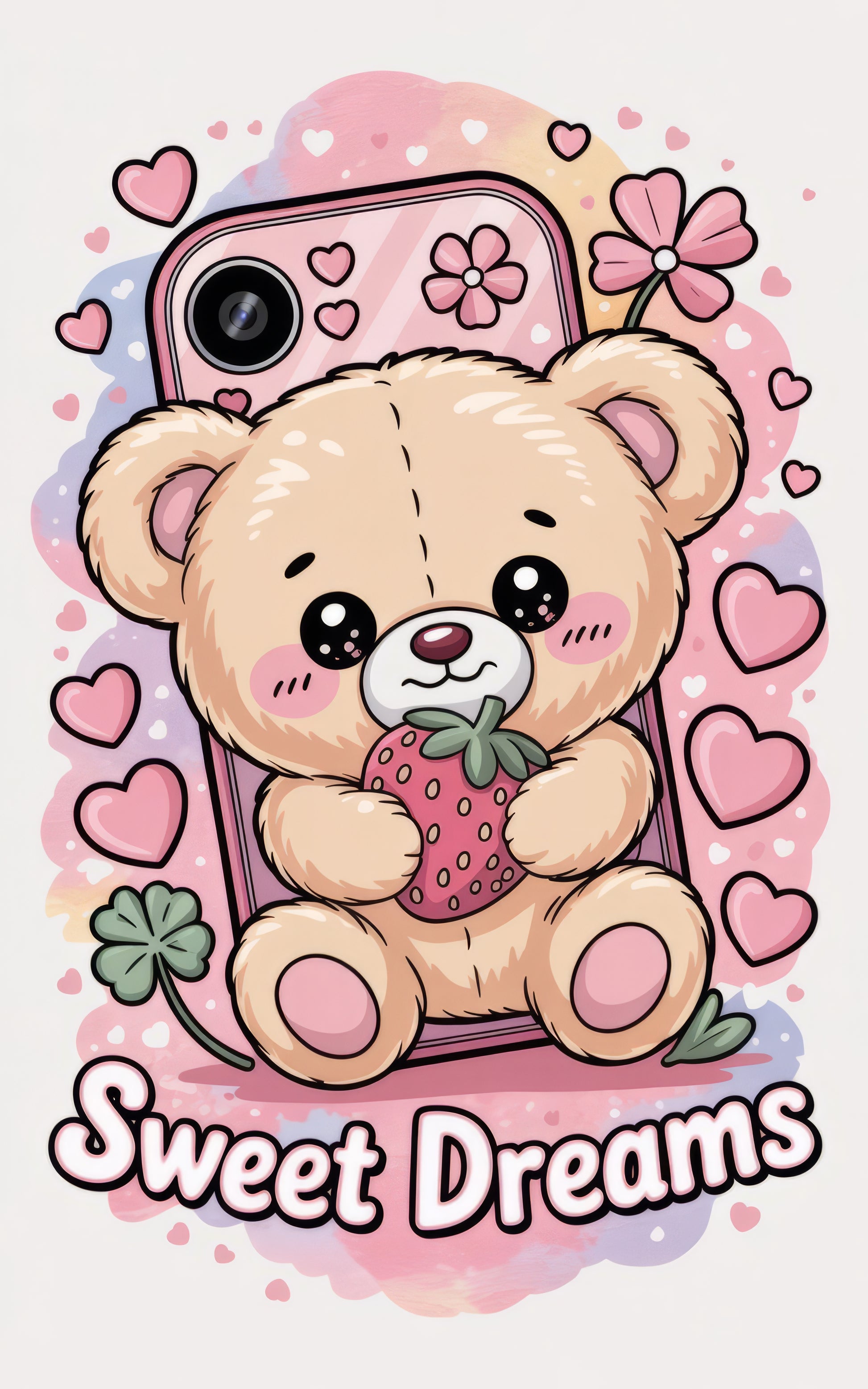 Cute Teddy Bear Illustration Poster, Sweet Dreams Art Print, Pink Floral Nursery Decor, Kawaii Style Wall Art