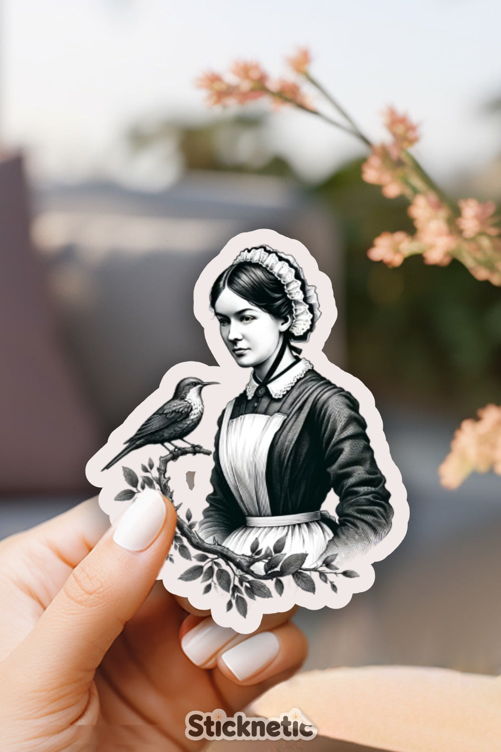Vintage Lady and Bird Illustration Sticker, Classic Monochrome Art Deco Style, Laptop Decal, Scrapbooking Accessory
