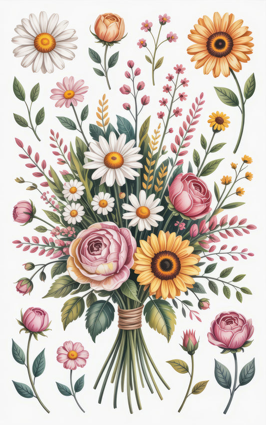 Vintage Floral Bouquet Art Print, Colorful Spring Flowers Poster, Botanical Wall Decor, Garden Illustration, Daisy and Rose Home Decoration
