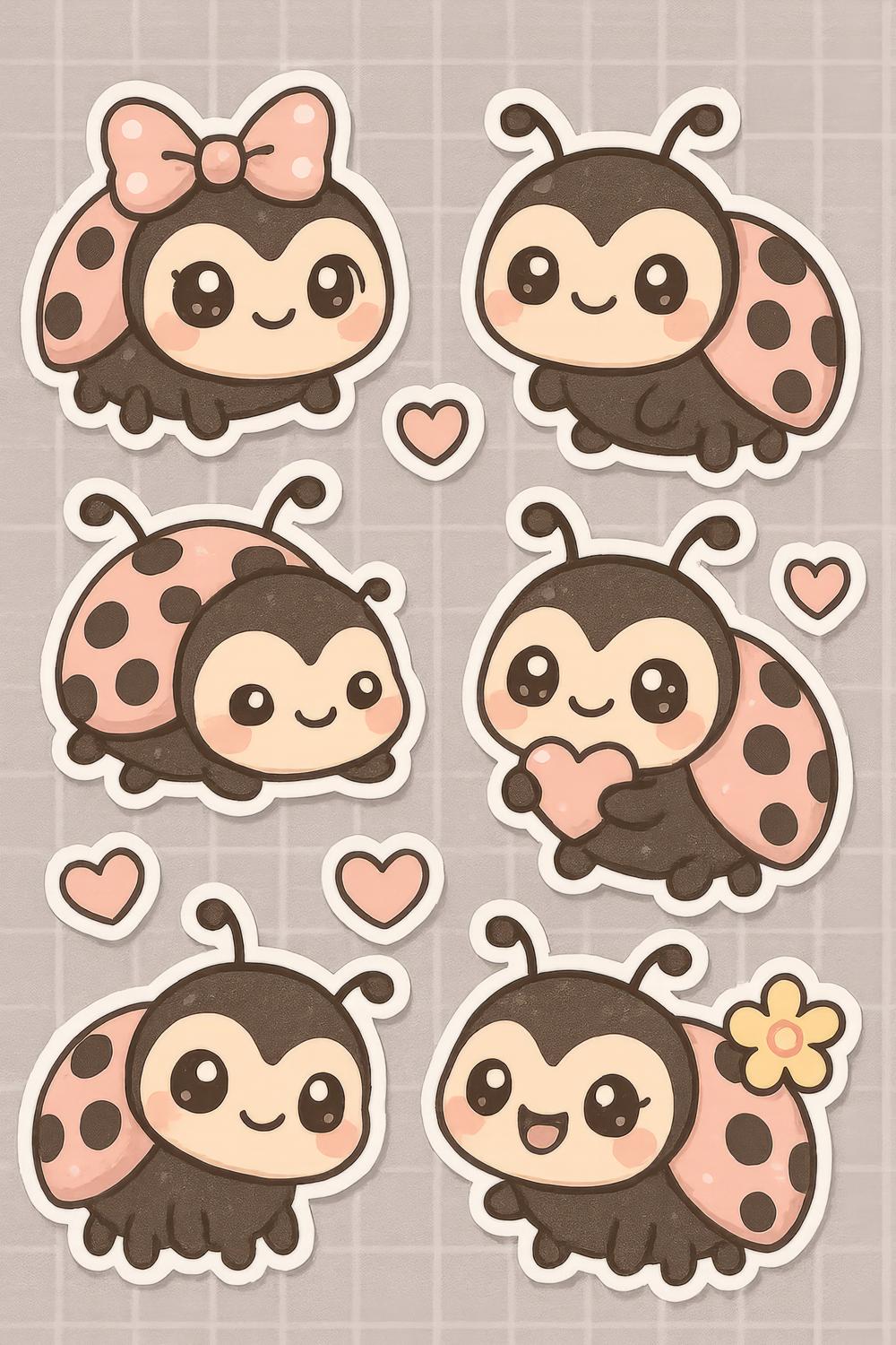 Cute Ladybug Stickers Set, Pink and Brown, Kawaii Bug Decals, Scrapbooking Supplies, Planner Accessories, Kids Craft Stickers