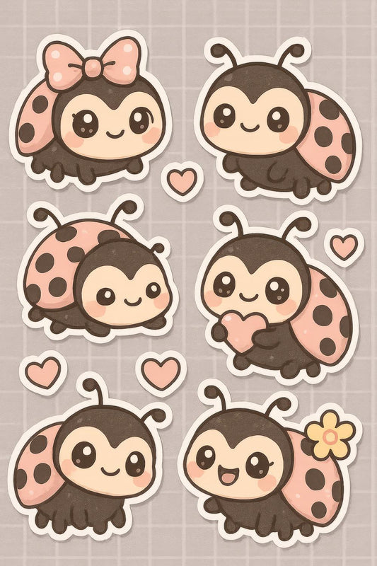 Cute Ladybug Stickers Set, Pink and Brown, Kawaii Bug Decals, Scrapbooking Supplies, Planner Accessories, Kids Craft Stickers