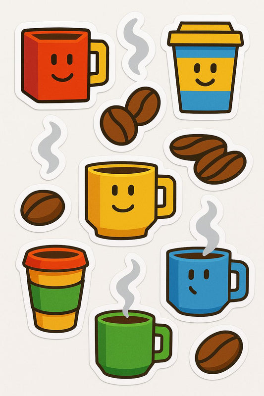 Cute Coffee Cup Stickers, Colorful Smiling Mugs and Aromatic Beans, Planner and Scrapbooking Decals