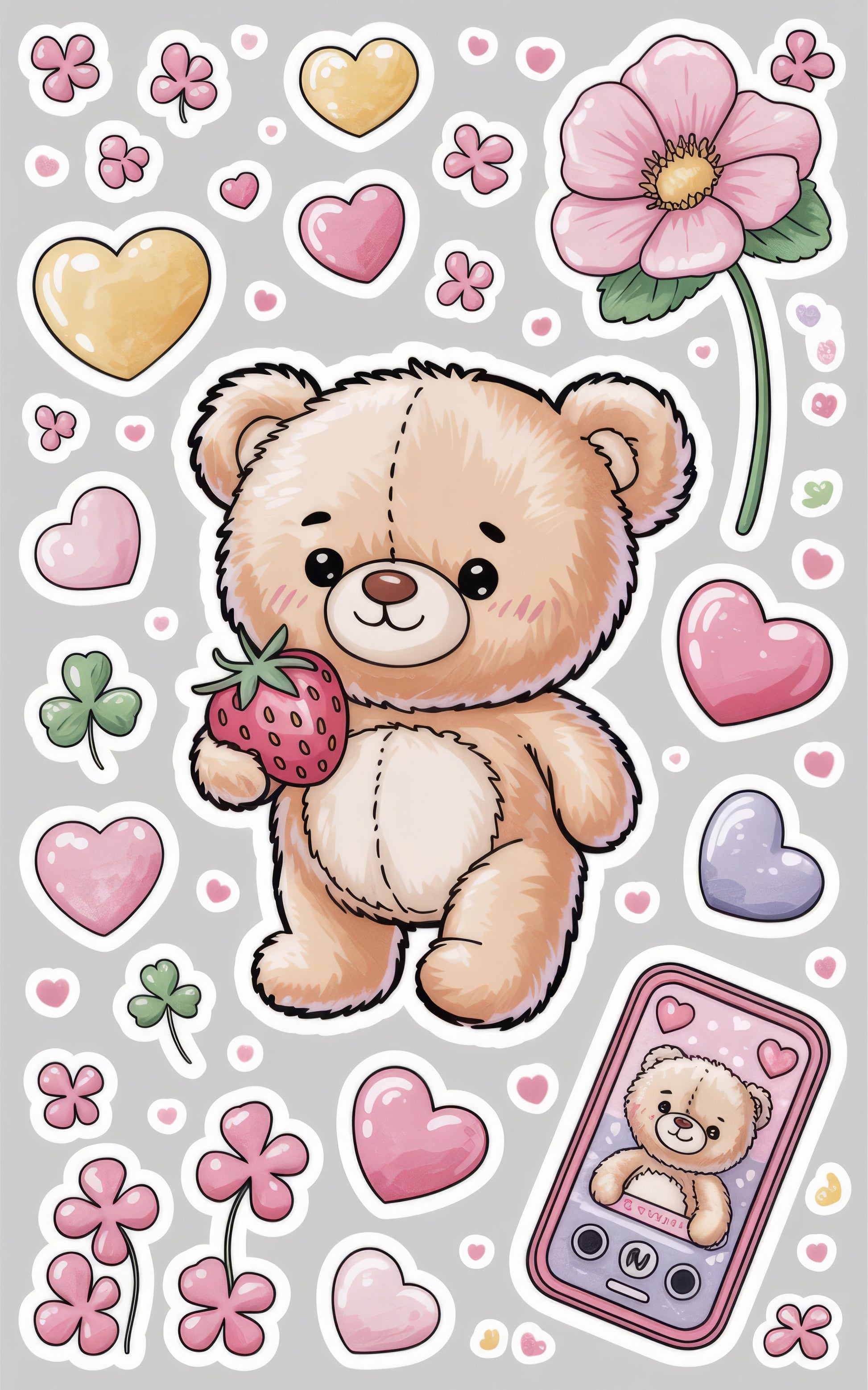 Cute Teddy Bear Sticker Pack, Heart and Flower Decals, Strawberry Kawaii Style, Laptop Decoration Kit