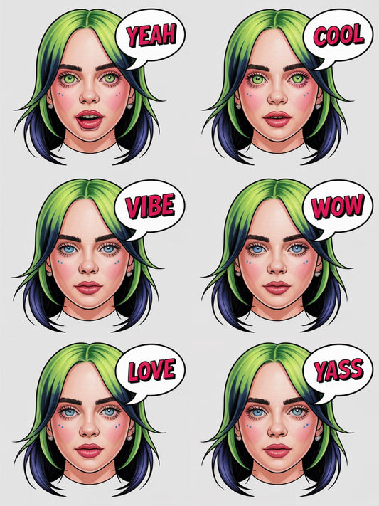 Pop Art Styled Female Face Stickers, Bold Green Hair, Expressions Pack, Fashion Comic Decor, Unique Gift Idea, Trendy Illustrations