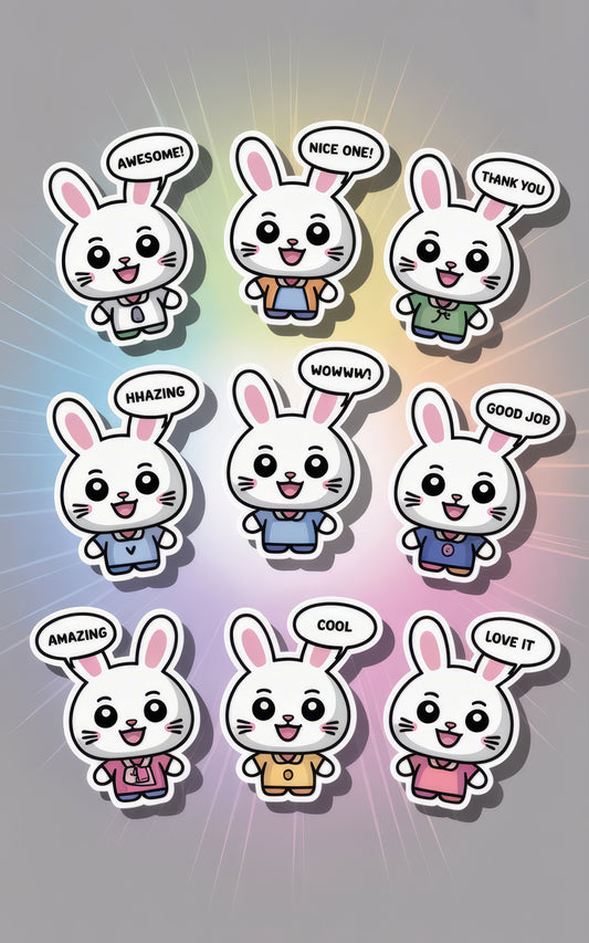 Cute Rabbit Stickers Set, Assorted Bunny Emotions, Colorful Cartoon Labels, Fun Reward Stickers for Kids, Stationery Decor