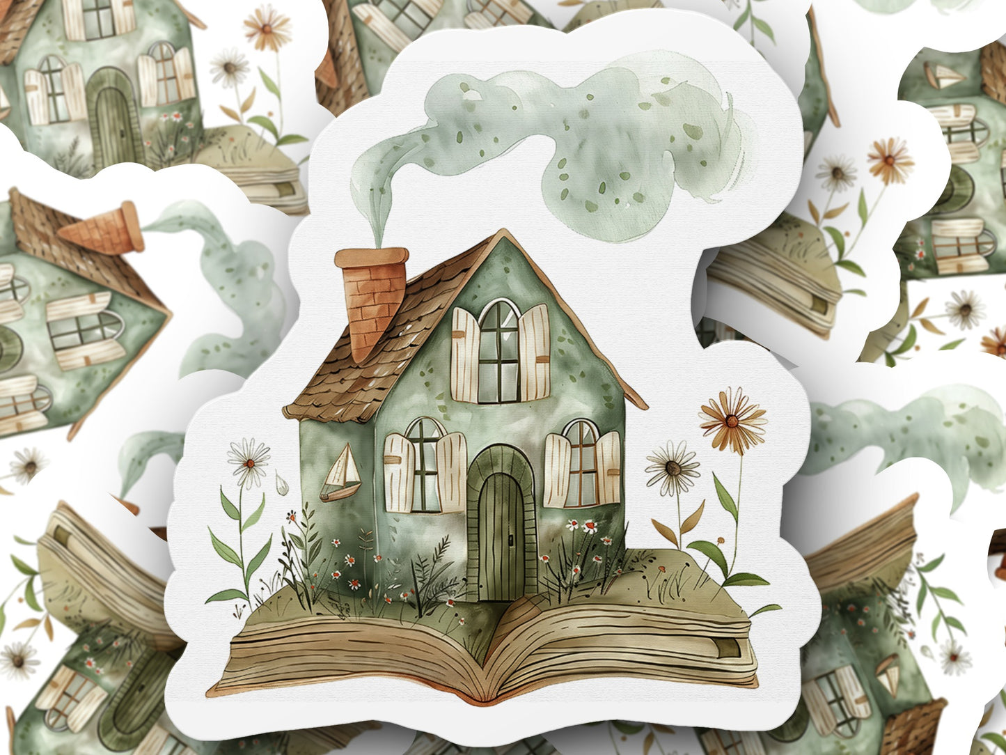 Enchanting Cottage on Open Book Illustration Sticker product