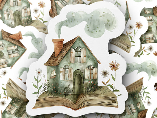 Enchanting Cottage on Open Book Illustration Sticker product