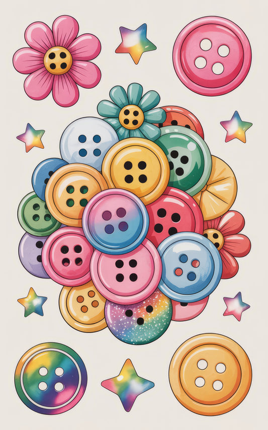 Colorful Assorted Buttons and Stars Stickers, Cute Crafting Supplies, Scrapbooking Embellishments, Floral and Star Designs