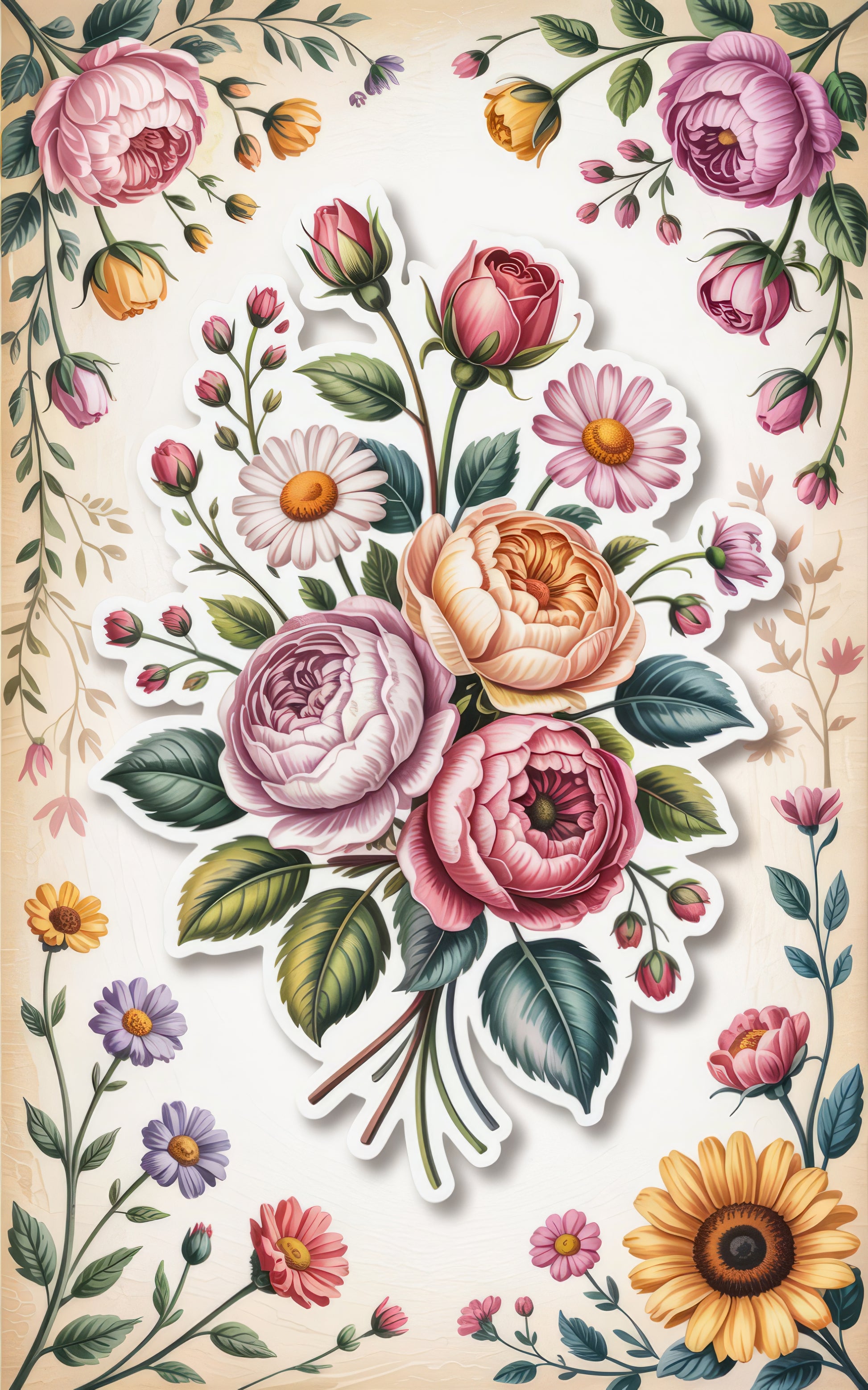 Vintage Floral Wallpaper, Colorful Rose and Daisy Pattern, Romantic Blossom Design for Bedroom and Living Room Decor