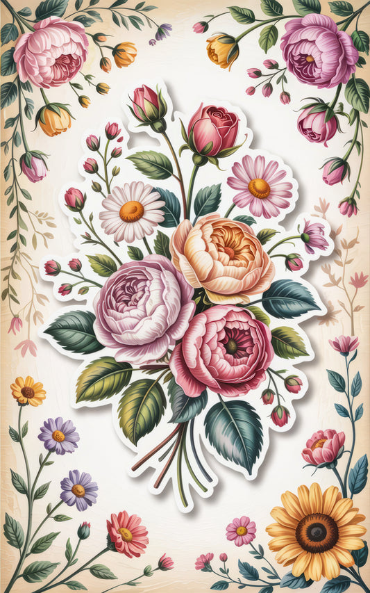 Vintage Floral Wallpaper, Colorful Rose and Daisy Pattern, Romantic Blossom Design for Bedroom and Living Room Decor