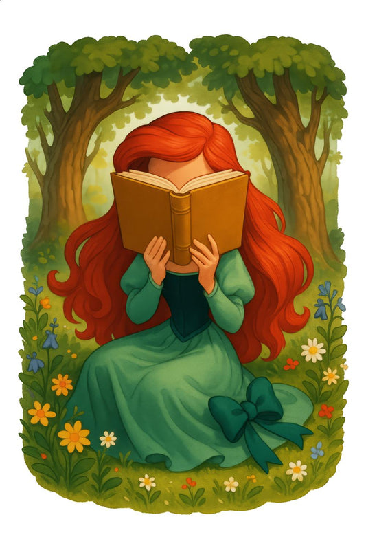 Enchanted Forest Reading Redhead Girl Illustration, Vintage Style Book Lover Art Print, Whimsical Wall Decor for Library or Bedroom