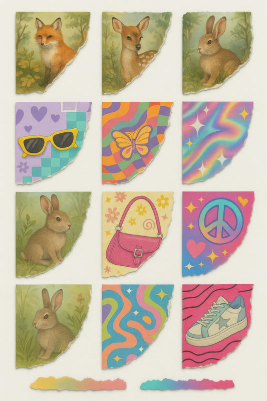 Vintage Animal and Retro Pattern Sticker Collection, Decorative Planner Decals, Cute Fox and Rabbit Designs, Colorful Sneaker Illustration