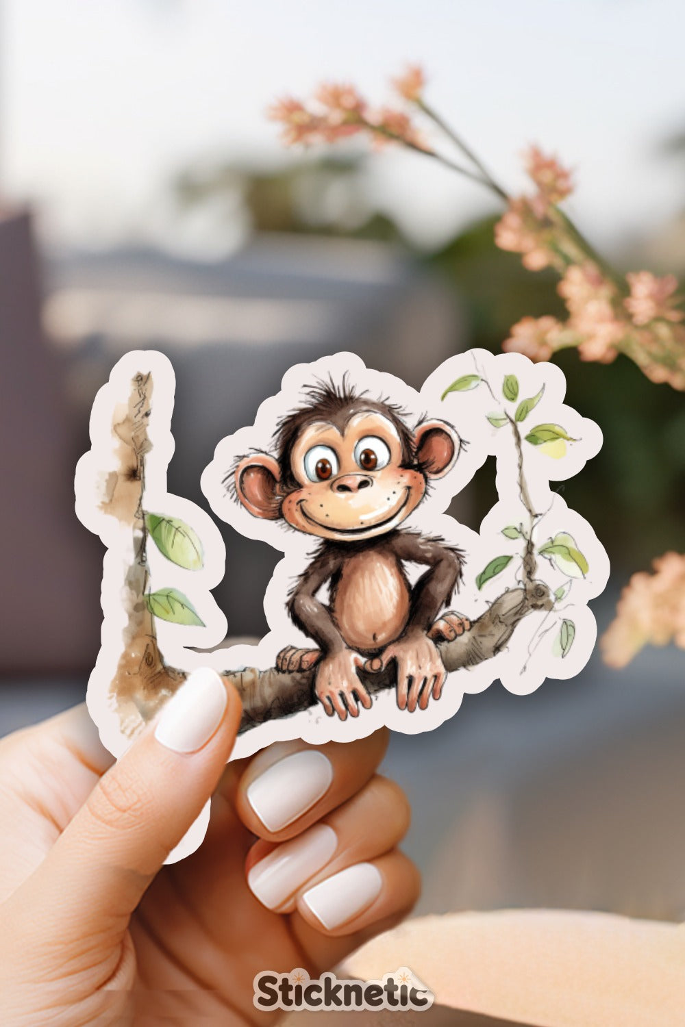 Cute Cartoon Monkey Sitting on Branch Sticker product