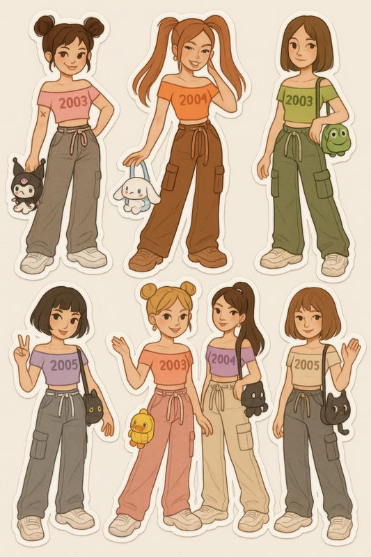 Cute Anime Girls Stickers, Cartoon Teen Fashion, Kawaii Character Decals, Trendy Outfits, Collectible 2000s Nostalgia Pack