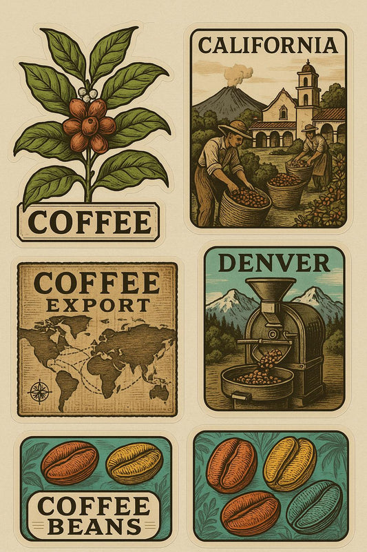 Vintage Coffee Poster Set, Retro Kitchen Art, California Denver Prints, Coffee Bean Illustrations, Gift for Coffee Lovers