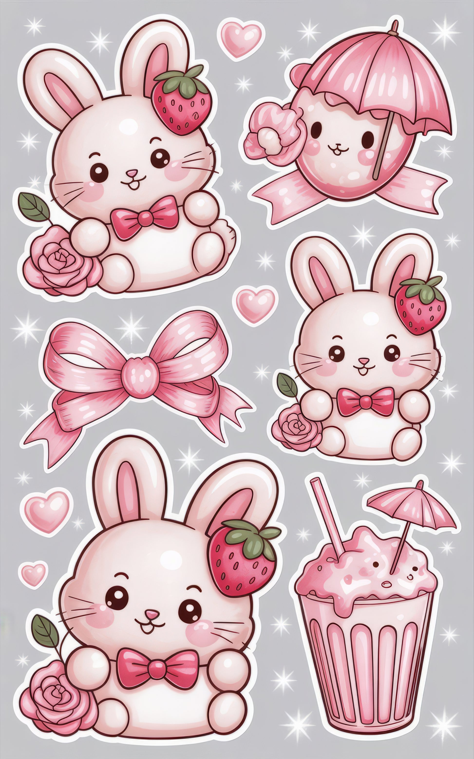 Cute Bunny and Strawberry Stickers, Kawaii Rabbit Decals, Pink Bow, Umbrella, Cupcake, Floral Hearts, Gift for Kids