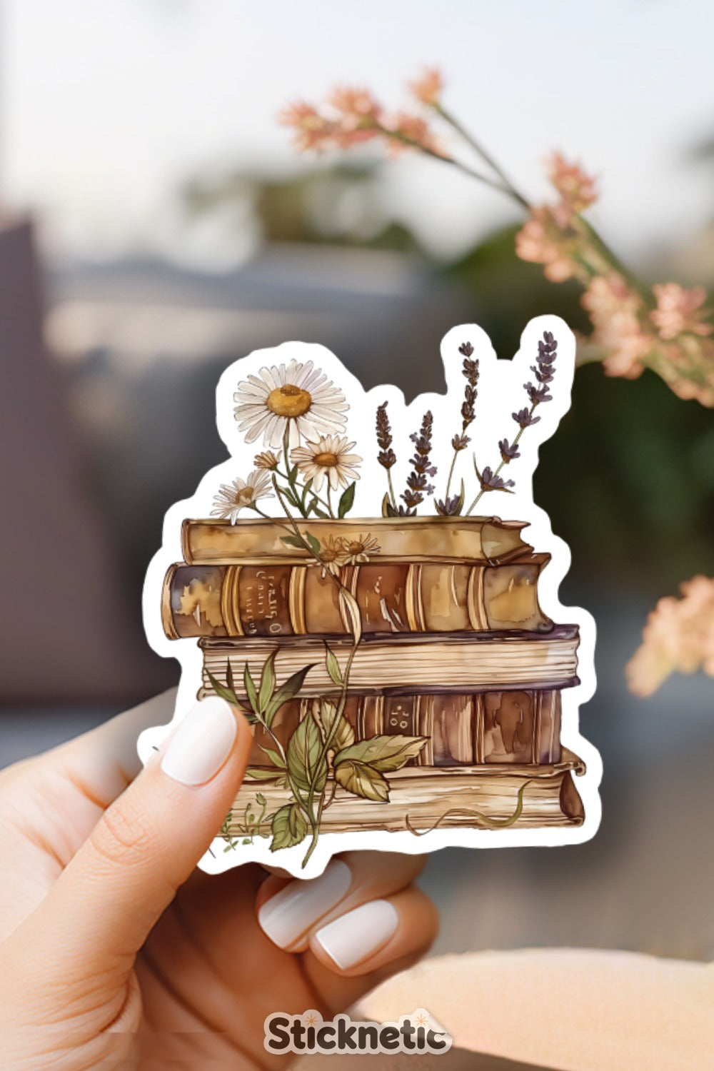 Vintage Stack of Books and Wildflowers Sticker product