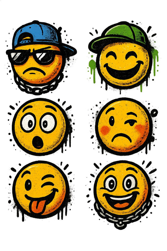 Set of 6 Emoji Art Prints, Colorful Street Style, Urban Modern Wall Decor, Kids Room Unique Artwork