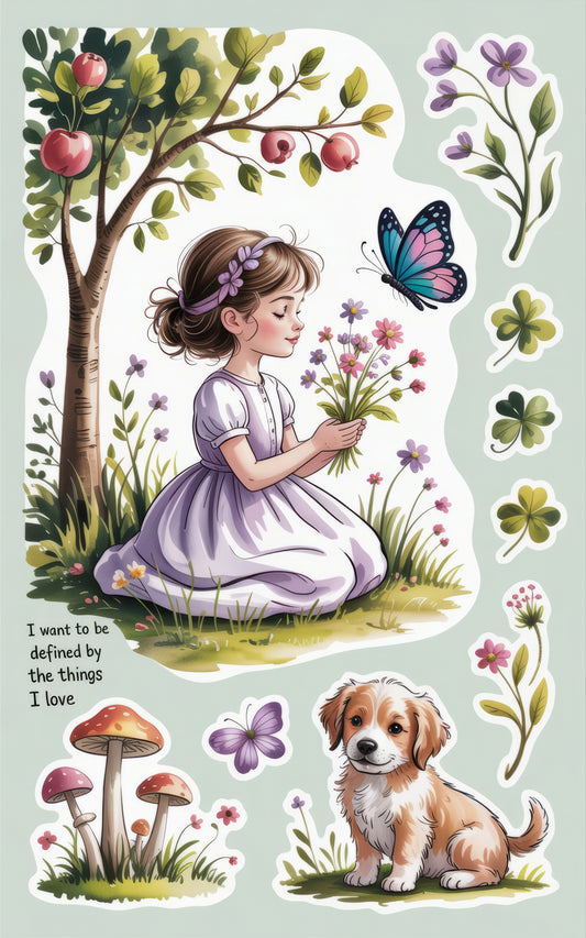 Girl and Dog Spring Garden Illustration, Butterfly, Flowers, Kids Room Wall Art Decor