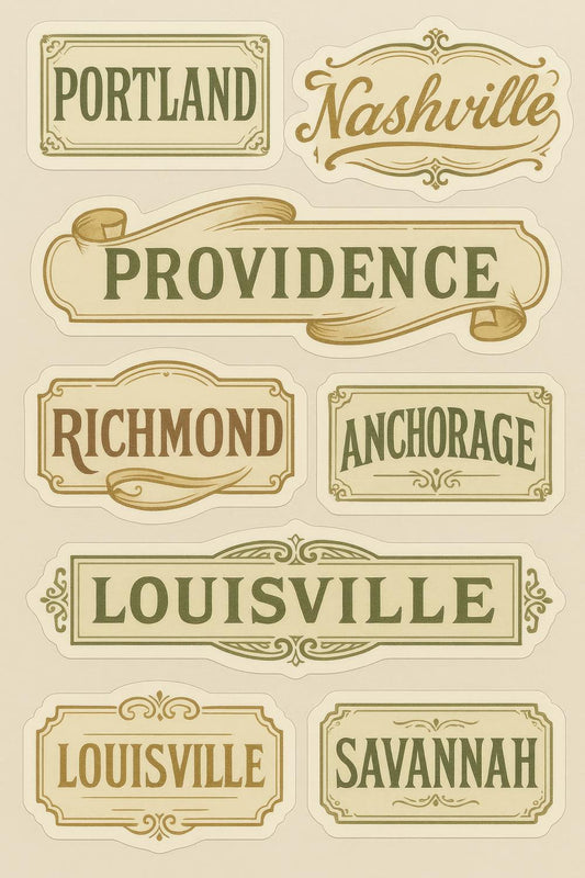 Vintage City Name Art Prints - Portland, Nashville, Providence, Richmond, Anchorage, Louisville, Savannah Decor