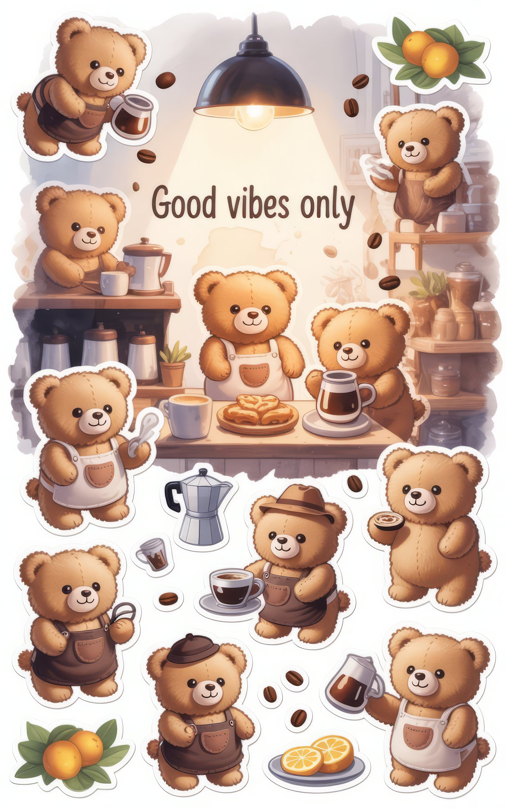 Cute Teddy Bear Sticker Sheet, Coffee Theme, Adorable Animal Decals, Planner and Journal Accessories, Kawaii Stationery, Gift for Kids