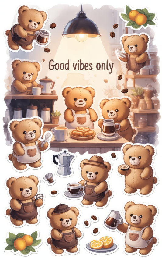 Cute Teddy Bear Sticker Sheet, Coffee Theme, Adorable Animal Decals, Planner and Journal Accessories, Kawaii Stationery, Gift for Kids