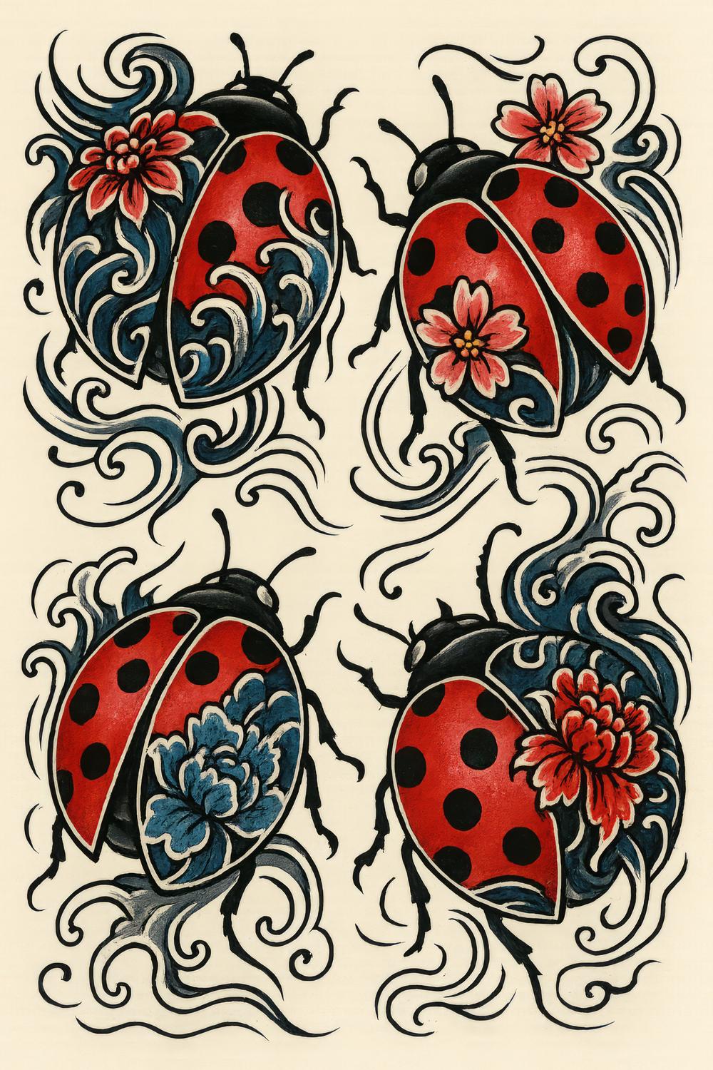Vintage Ladybug Tattoo Art Prints, Set of 4, Red and Black Floral Insects Decorative Wall Art