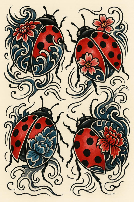 Vintage Ladybug Tattoo Art Prints, Set of 4, Red and Black Floral Insects Decorative Wall Art