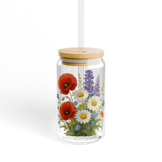 Hanging Glass Vase with Mixed Wildflowers, Red Poppies, Lavender, Home Decor Display, Elegant Transparent Floral Container