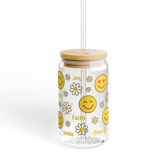Smiley Face Glass Jar with Wooden Lid, Cute Emoticon Design, Ideal for Kitchen Storage, Joy and Peace Theme