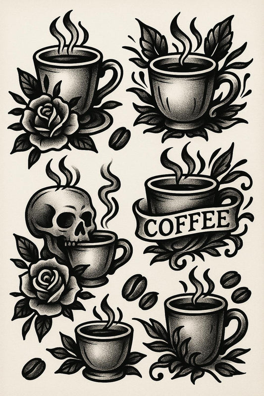 Gothic Coffee Art Print, Skull and Roses, Vintage Style Coffee Cup Illustrations, Kitchen Decor, Coffee Lover Gift, Wall Art