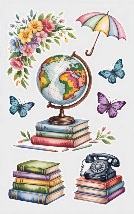 Vintage Style Stickers Pack, Globe, Umbrella, Butterflies, Books, Phone, Floral Designs for Scrapbooking and Crafts
