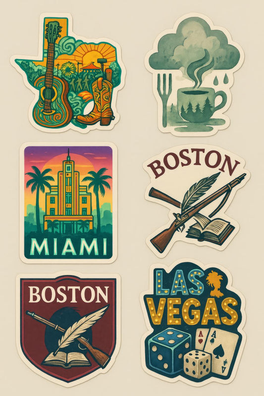 Colorful Travel Sticker Set, Guitar, Cafes, Miami, Boston, Las Vegas, Vintage Style Decals for Laptops and Scrapbooking