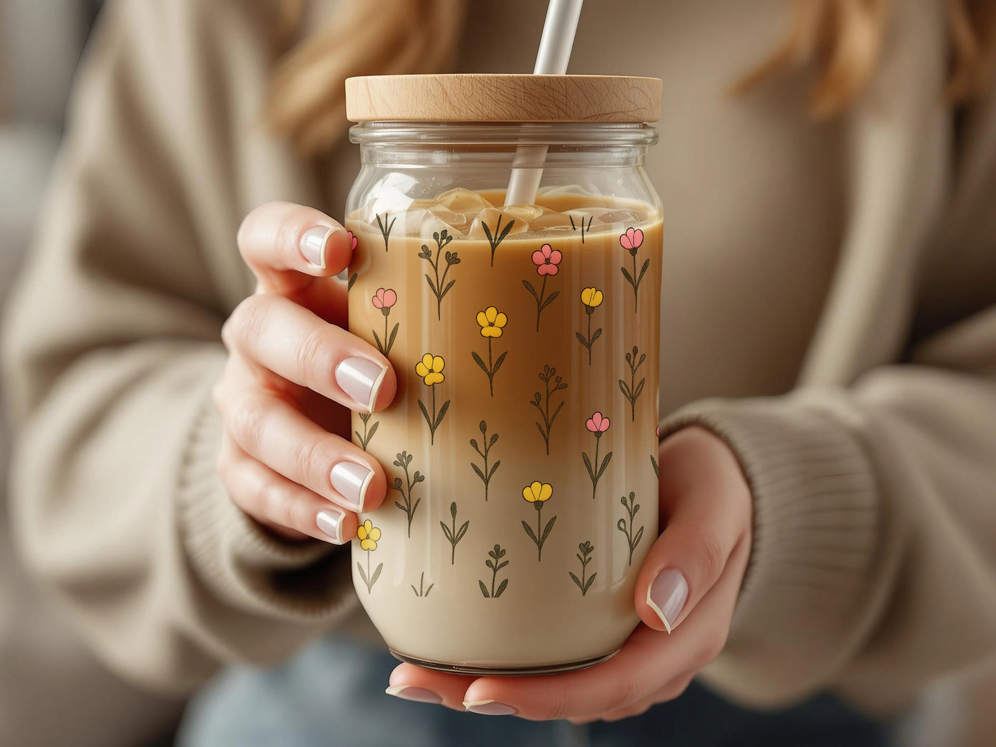 Floral Pattern Reusable Glass Coffee Cup, Insulated Travel Mug with Straw, Eco-Friendly Drinkware, Gift Idea