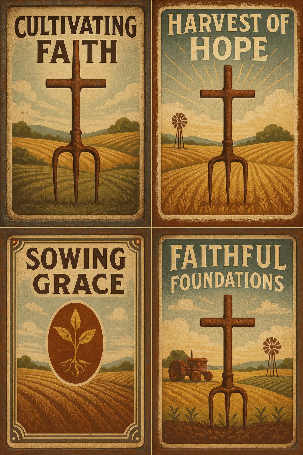 Vintage Farmhouse Wall Art Prints Set, Religious Rustic Décor, Inspirational Quotes, Harvest, Faith Icons