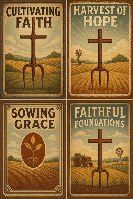 Vintage Farmhouse Wall Art Prints Set, Religious Rustic Décor, Inspirational Quotes, Harvest, Faith Icons