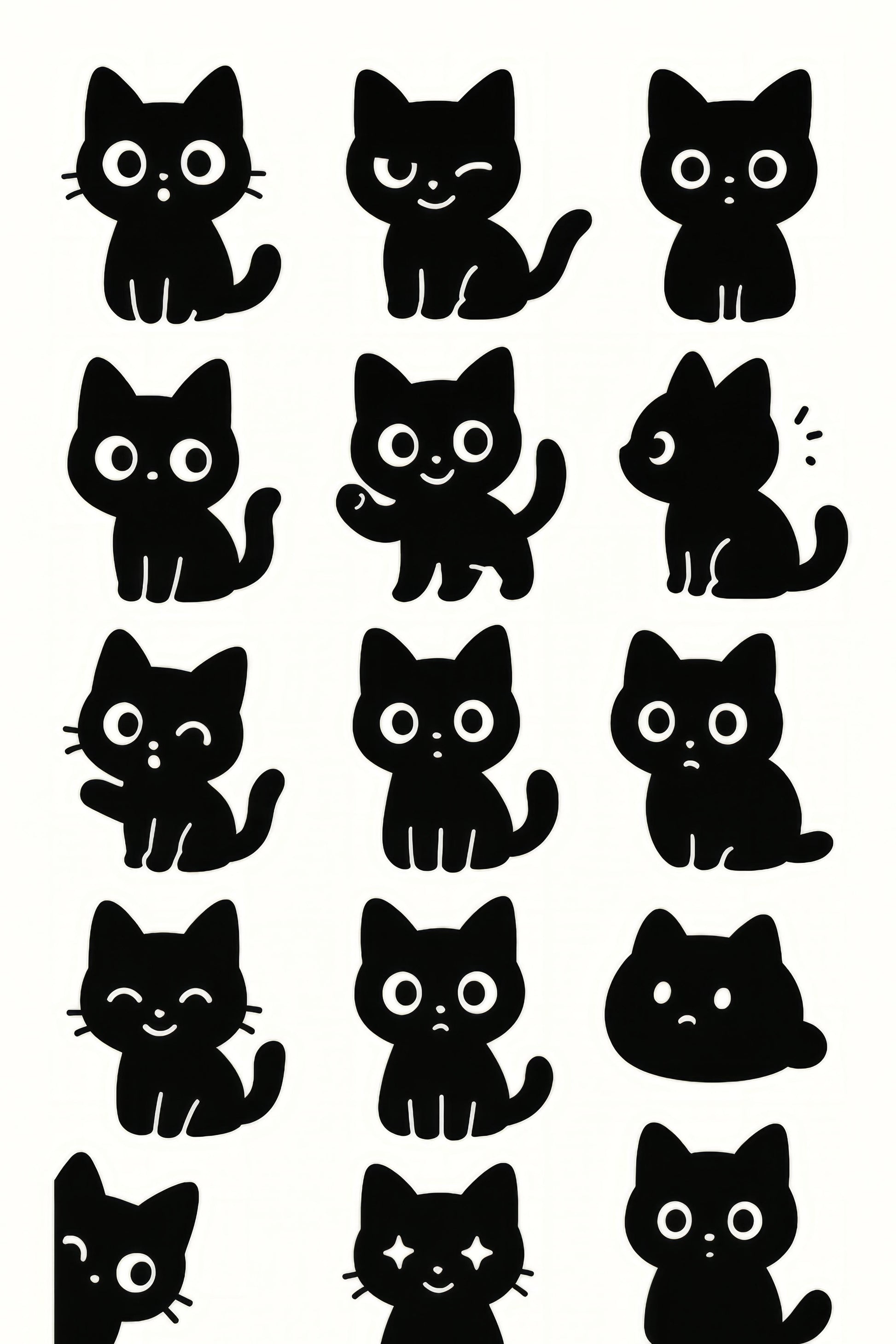 Cute Black Cat Illustrations, Cartoon Cat Stickers, Vinyl Decal, Cat Lover Gift, Fun Kitty Graphics, Set of 12 Styles