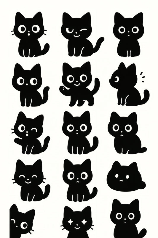 Cute Black Cat Illustrations, Cartoon Cat Stickers, Vinyl Decal, Cat Lover Gift, Fun Kitty Graphics, Set of 12 Styles