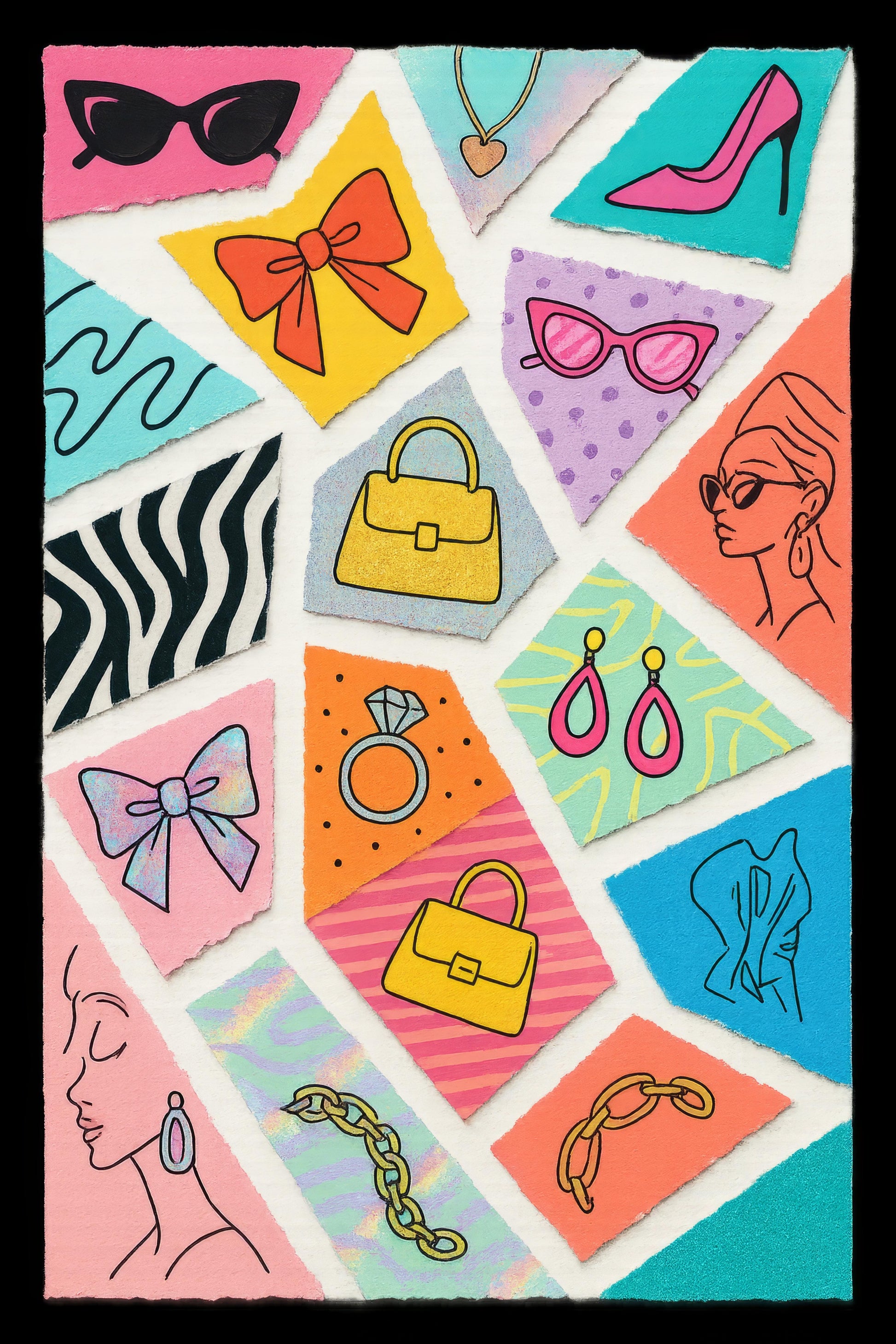 Colorful Fashion Accessories Art Print, Vintage Style Sunglasses, Shoes, Bags, Jewelry Illustration