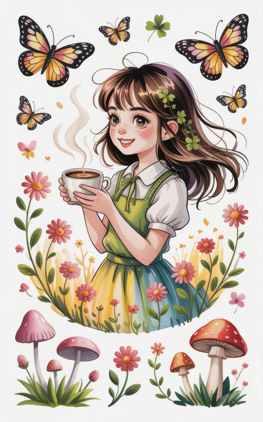 Whimsical Girl with Coffee Art Print, Butterfly and Flowers Illustration, Colorful Wall Decor, Charming Nursery Artwork, Unique Gift Idea