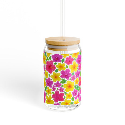 Colorful Floral Glass Jar Candle Holder, Spring Decor, Bright Flower Design, Home Accents