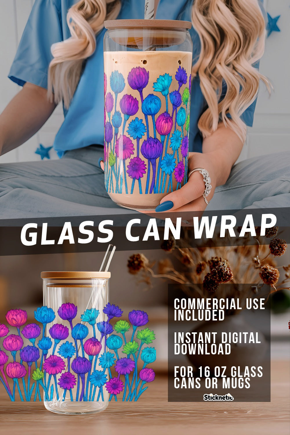 Colorful Floral Glass Can Wrap, Reusable Drink Sleeve, Eco-Friendly Beverage Insulator, 16 oz Glass Decor