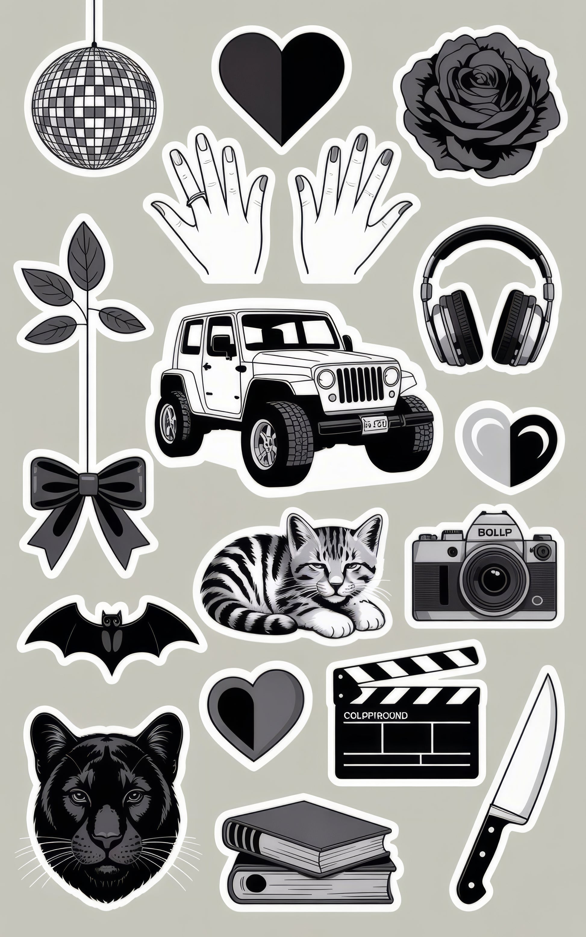Vinyl Sticker Pack, Decorative Decals, Trendy Icons, Camera, Jeep, Cat, Rose, Hearts, Books, Knife, Disco Ball