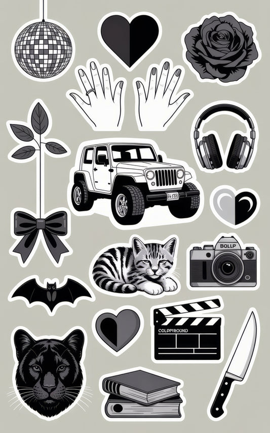 Vinyl Sticker Pack, Decorative Decals, Trendy Icons, Camera, Jeep, Cat, Rose, Hearts, Books, Knife, Disco Ball
