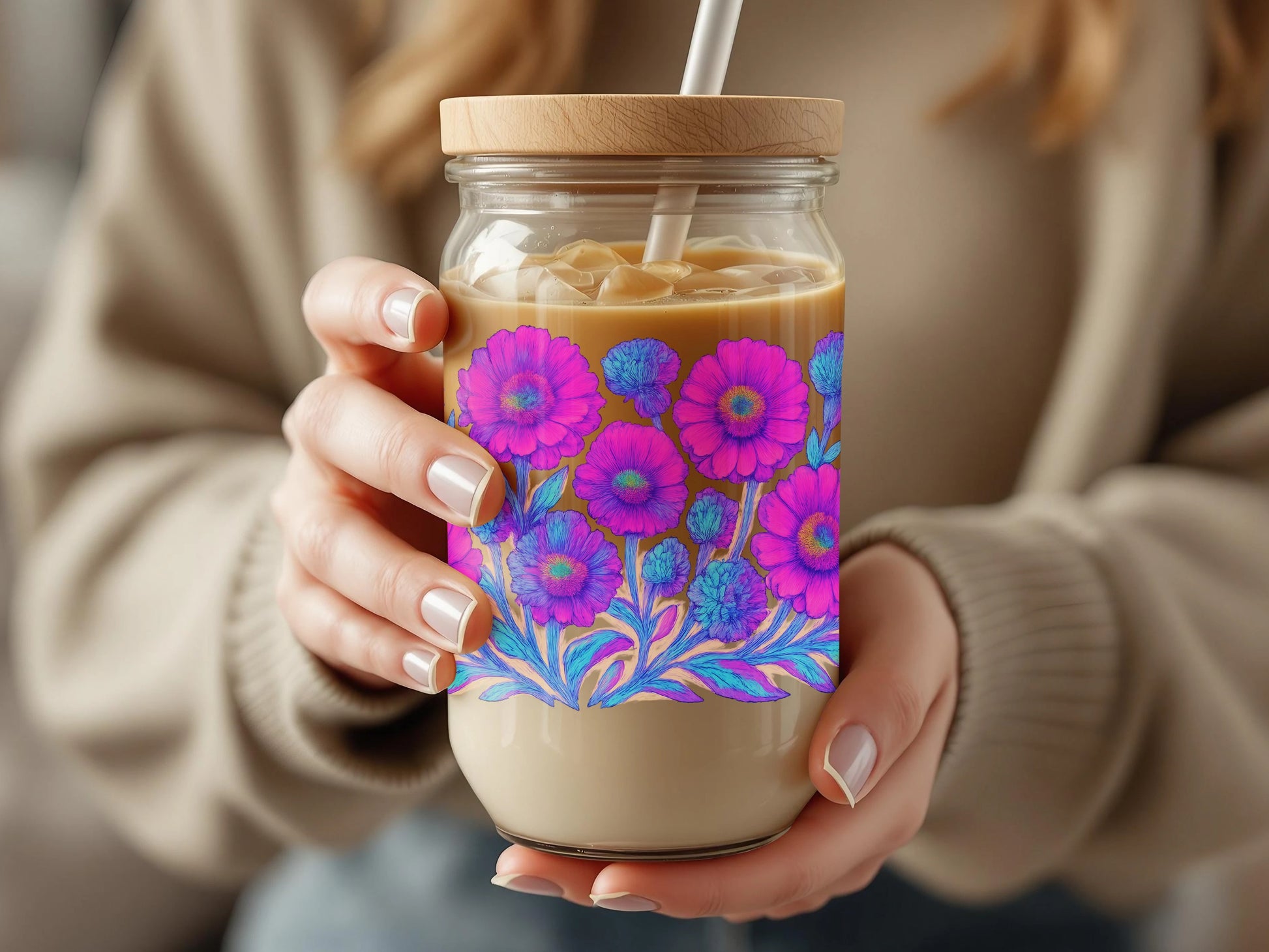 Colorful Floral Mason Jar Tumbler, Reusable Glass Coffee Cup with Straw, Hand-Painted Flowers, Insulated Beverage Holder