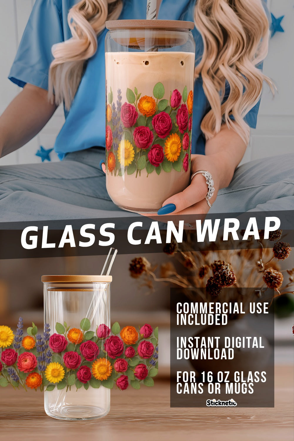 Floral Glass Can Wrap SVG, Instant Download, Commercial Use, Digital File for 16oz Glass Cans, Colorful Flowers Design
