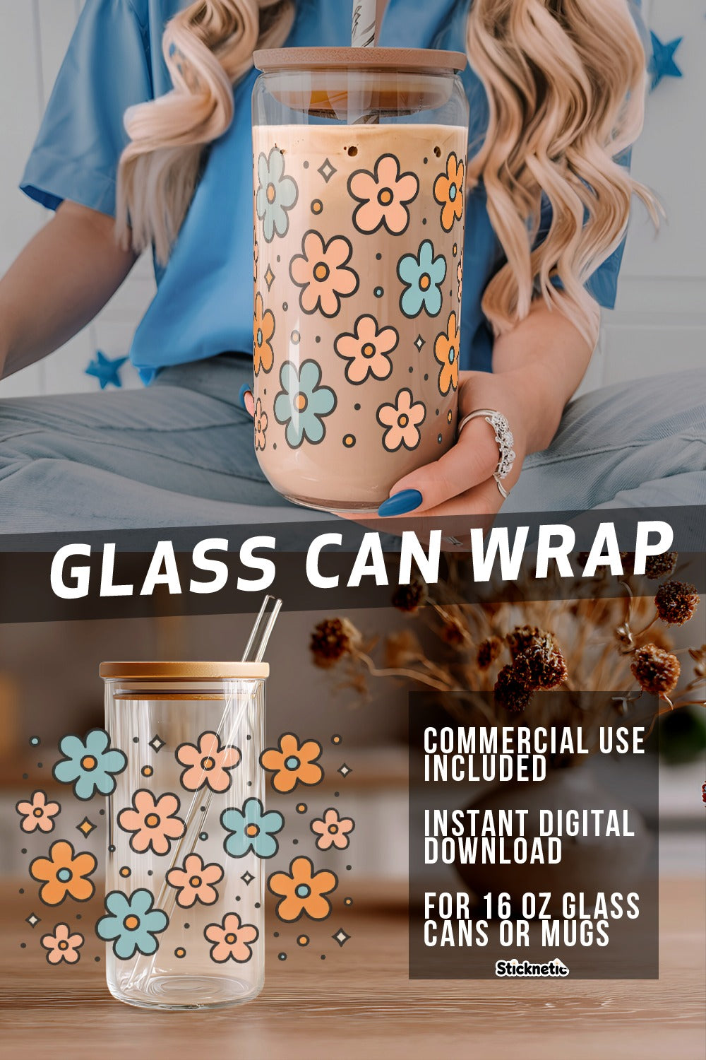 Floral Glass Can Wrap SVG, Digital Download for 16 oz Mugs, DIY Tumbler Decal, Boho Flower Design, Summer Beverage Accessories