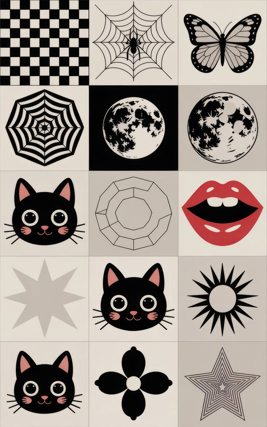 Black and White Art Prints, Checkerboard, Spider Web, Butterfly, Cat Faces, Geometric Shapes