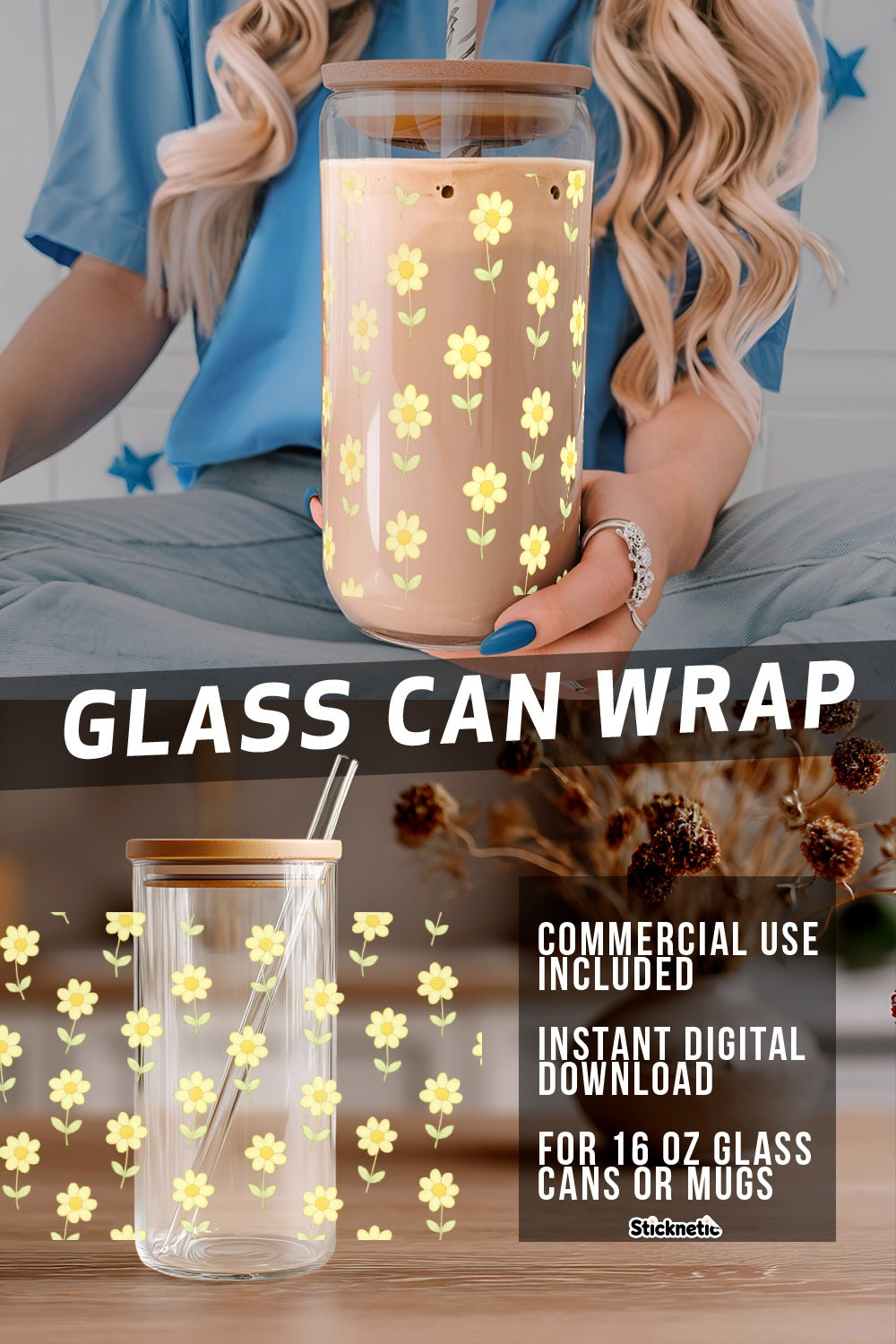 Yellow Flower Glass Can Wrap, Digital Download, Commercial Use, Vinyl Decal Design for 16 oz Mugs