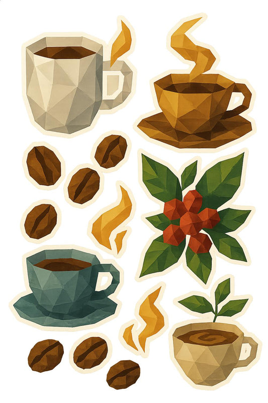 Geometric Coffee Cup and Beans Sticker Set, Modern Aesthetic Waterproof Decals for Laptops and Notebooks